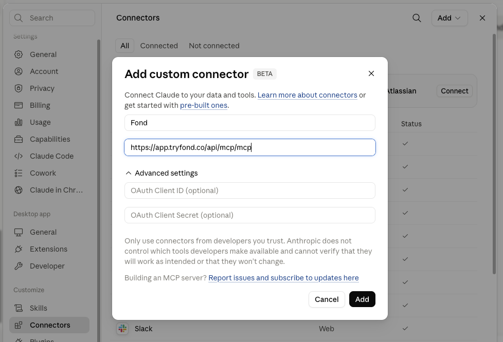 The "Add custom connector" dialog in Claude, with Name set to "Fond" and the MCP server URL filled in.