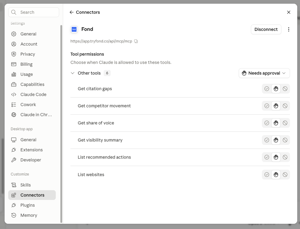 The Fond connector in Claude's settings, listing its six read-only tools with per-tool permission controls.